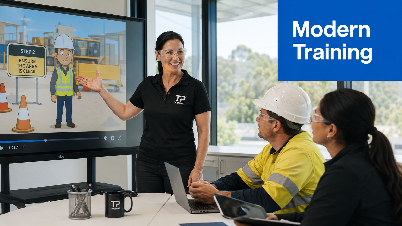 A trainer presents workplace safety steps using an online animated video maker to two employees in office.