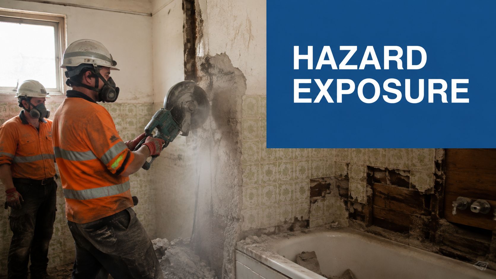 Two construction workers wearing safety gear and respirators while cutting into a tiled wall creating dust.