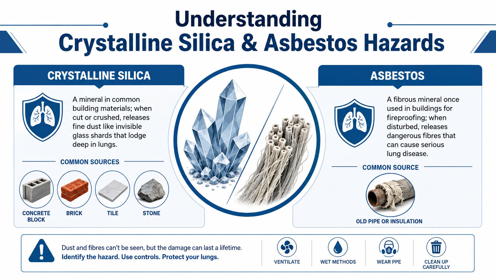 An infographic showing health hazards of crystalline silica and asbestos, including common sources and protective safety measures.