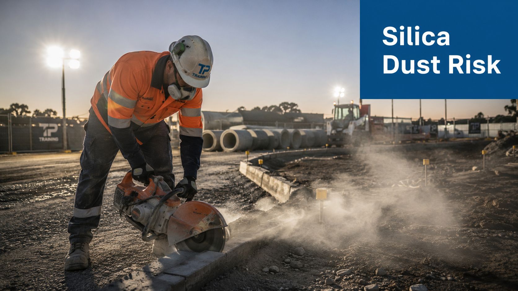 A construction worker wearing protective gear cuts concrete outdoors, raising a cloud of potentially hazardous silica dust.