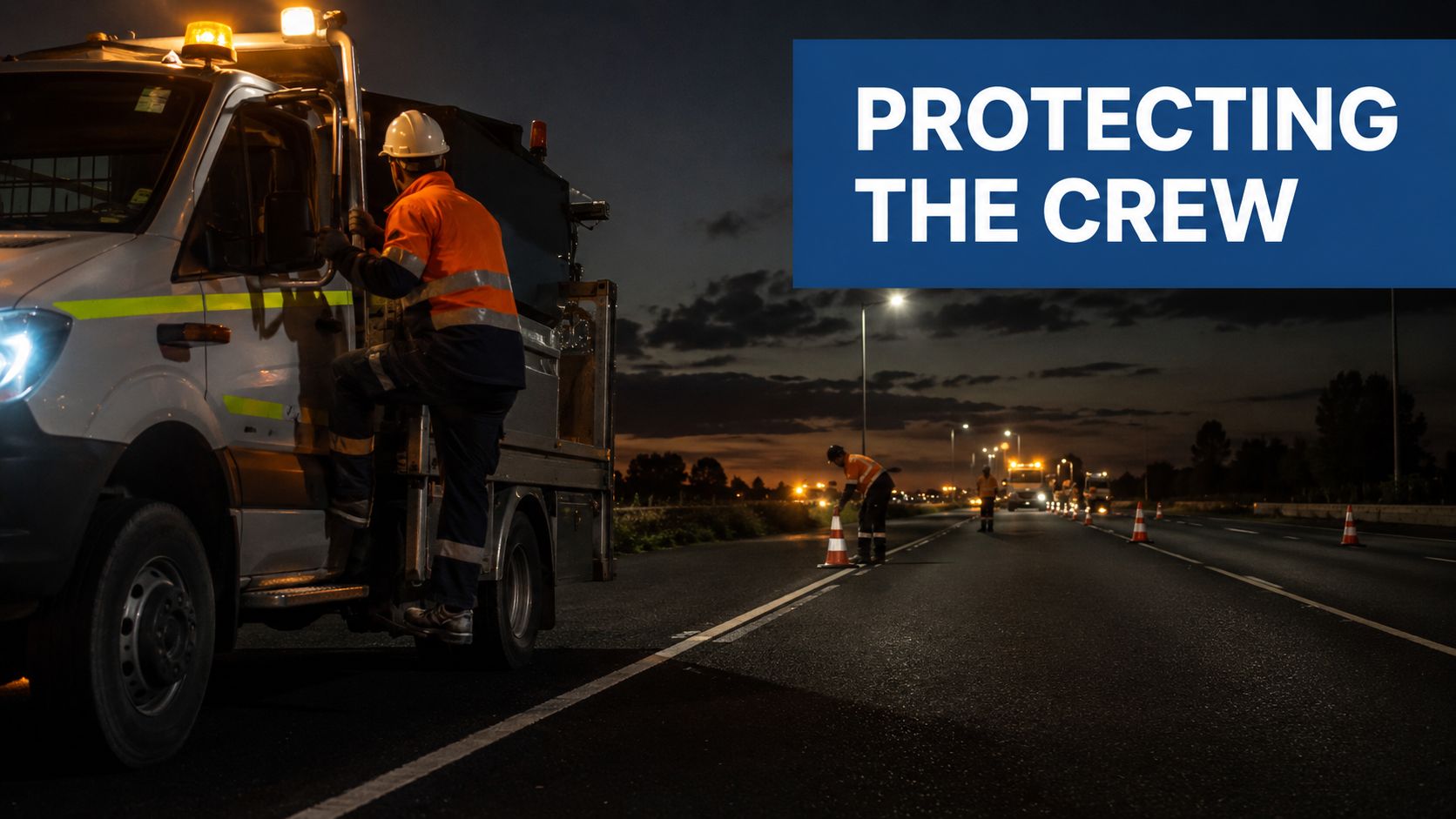 A night road crew worker climbs into a truck while colleagues place safety cones on a highway.