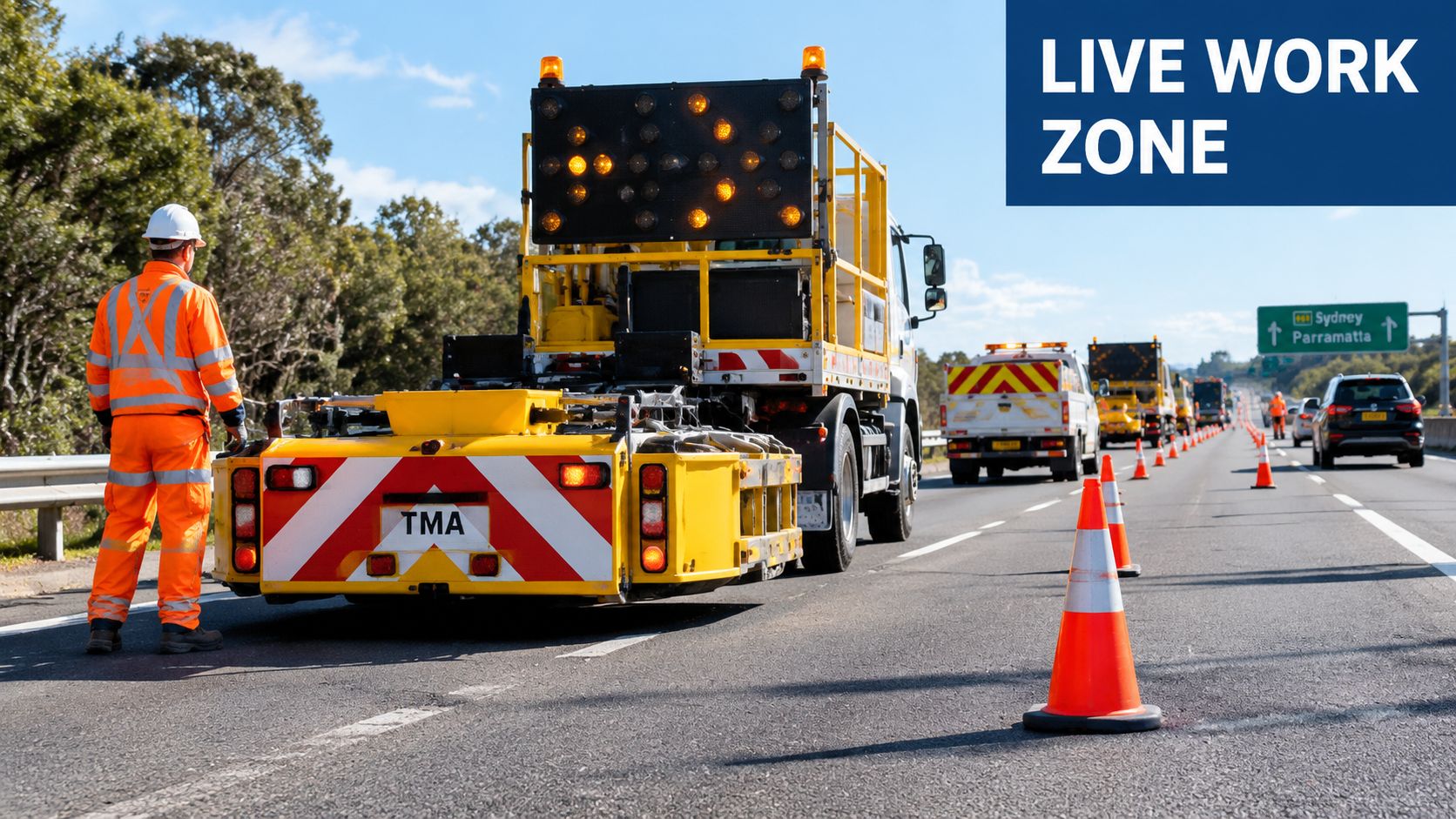 A construction worker in high-visibility gear stands near a Truck Mounted Attenuator on a busy highway.