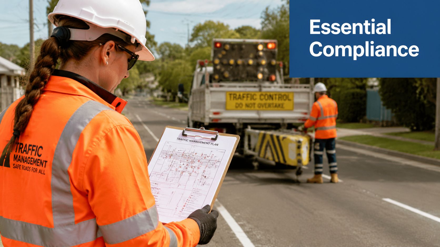 A construction worker reviewing a traffic management plan near a road work site with traffic control vehicle.