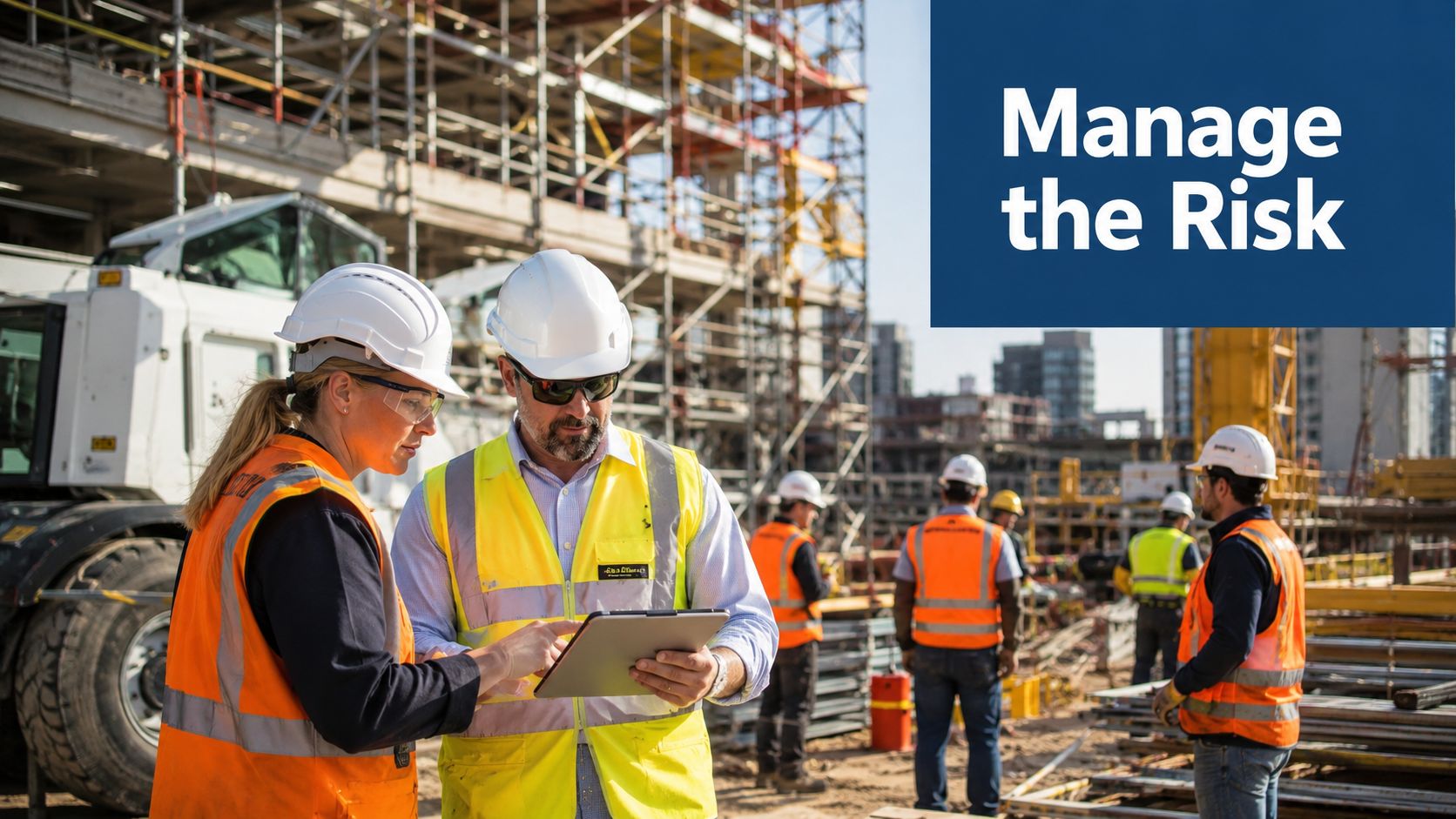 Construction managers reviewing safety plans on a tablet at a busy industrial building construction site.