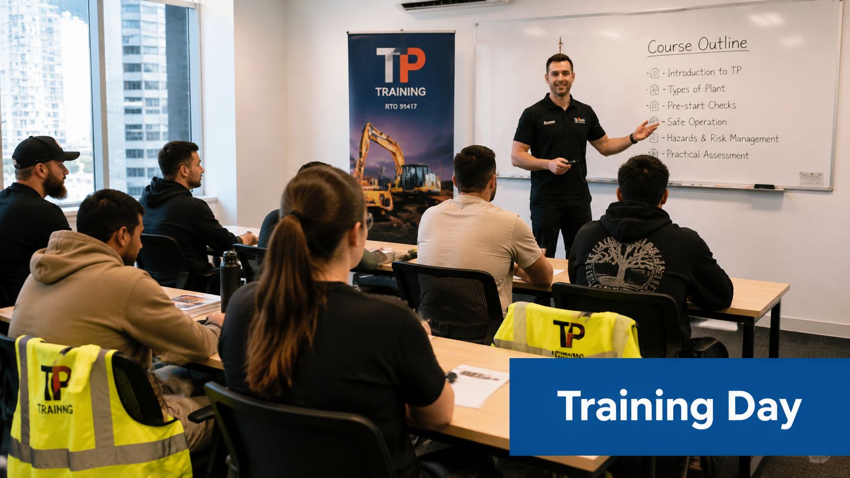 An instructor leads a training session for a group of students in a bright office classroom.