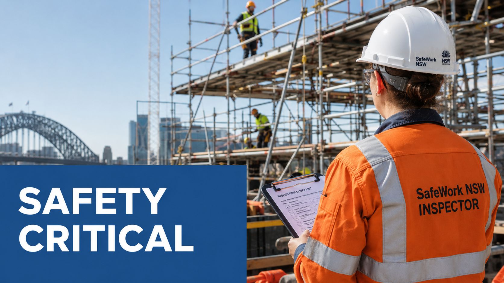 A SafeWork NSW inspector holding a checklist while overlooking construction workers on scaffolding near a city bridge.