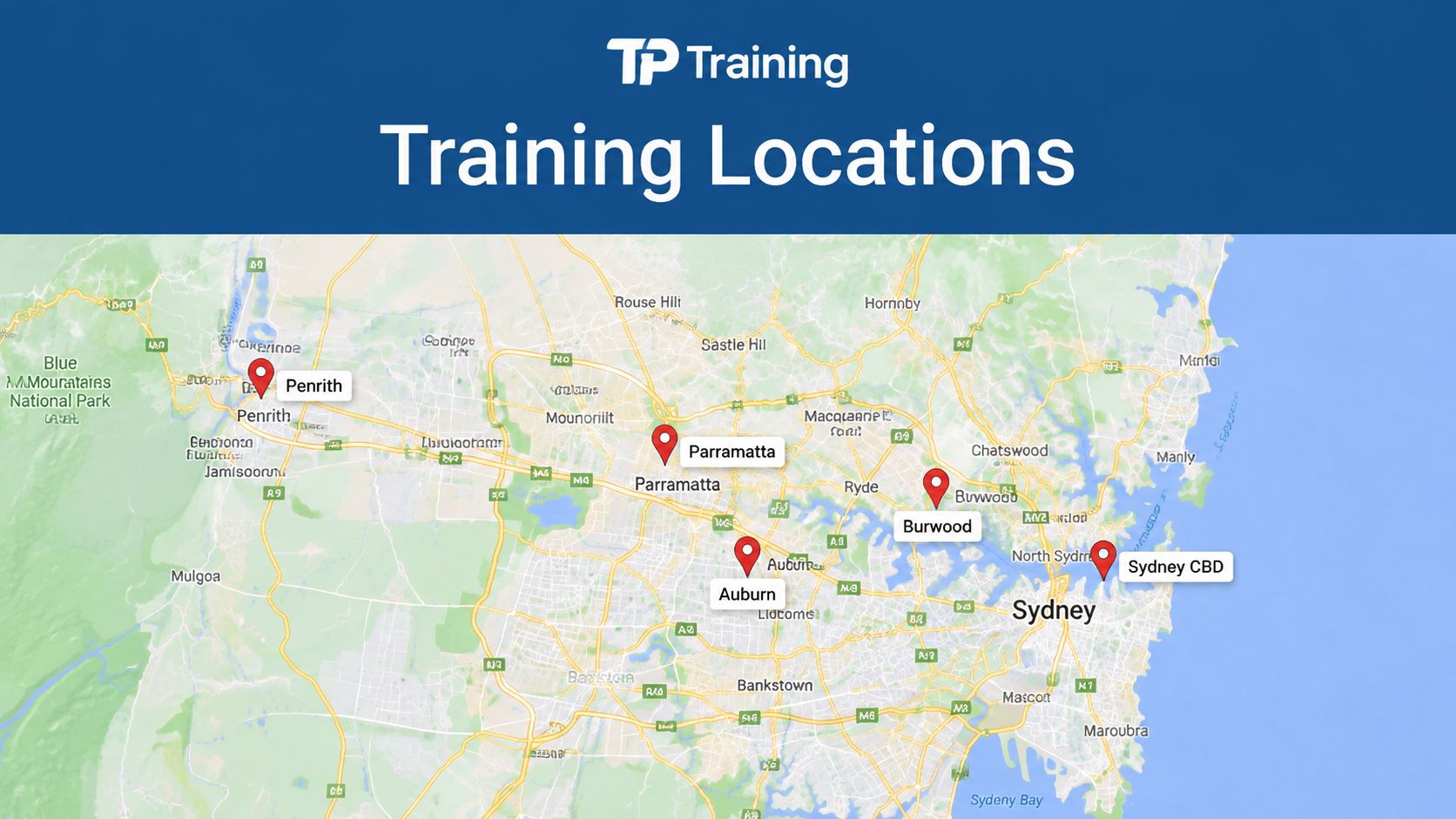 A map of Sydney showing TP Training locations in Penrith, Parramatta, Auburn, Burwood, and Sydney CBD.