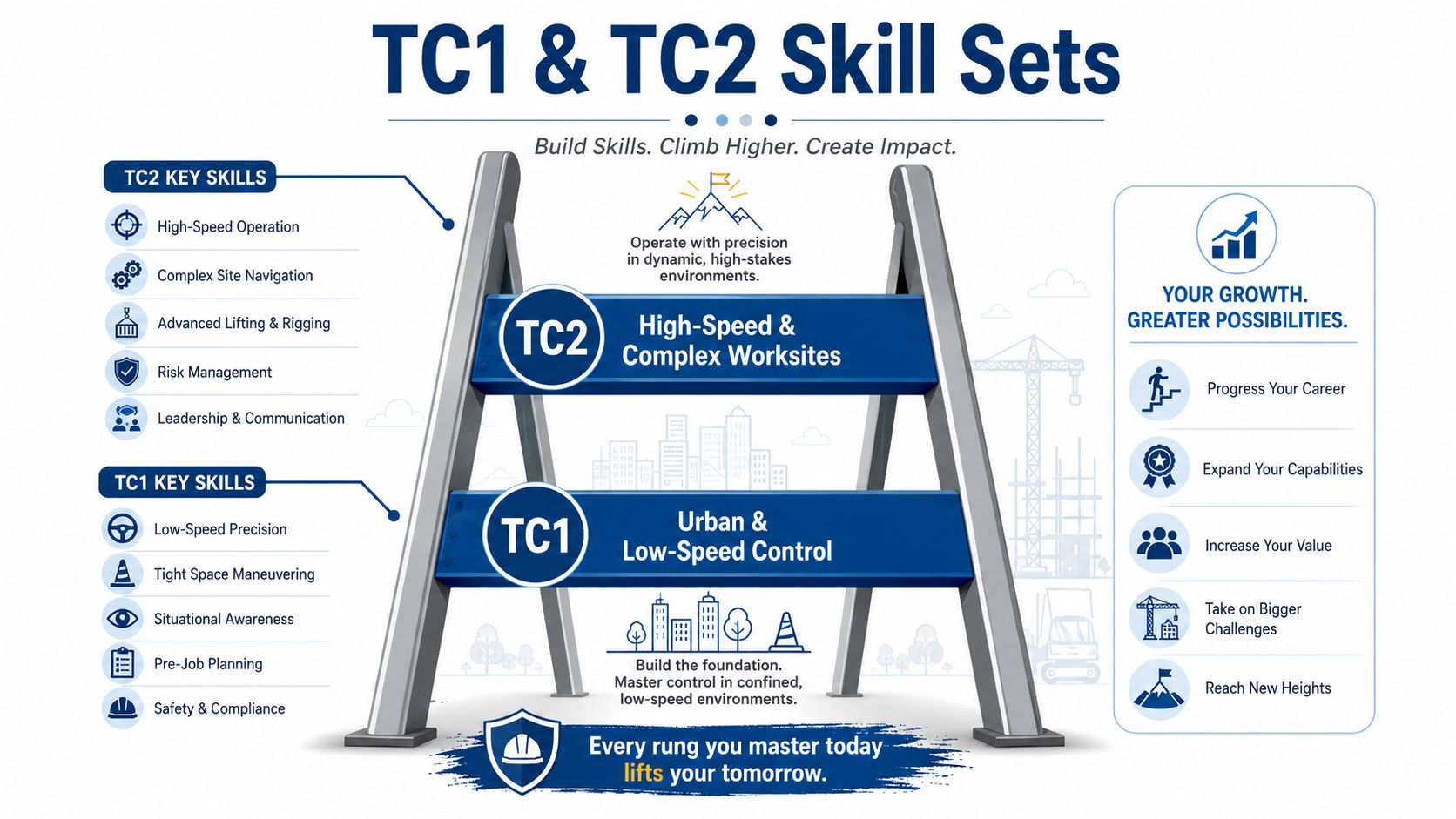 An infographic illustrating the career progression and skill sets for Traffic Controller levels TC1 and TC2.