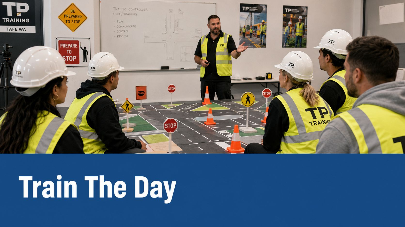 A professional traffic controller trainer demonstrates road safety setups to students wearing high-visibility gear in a classroom.