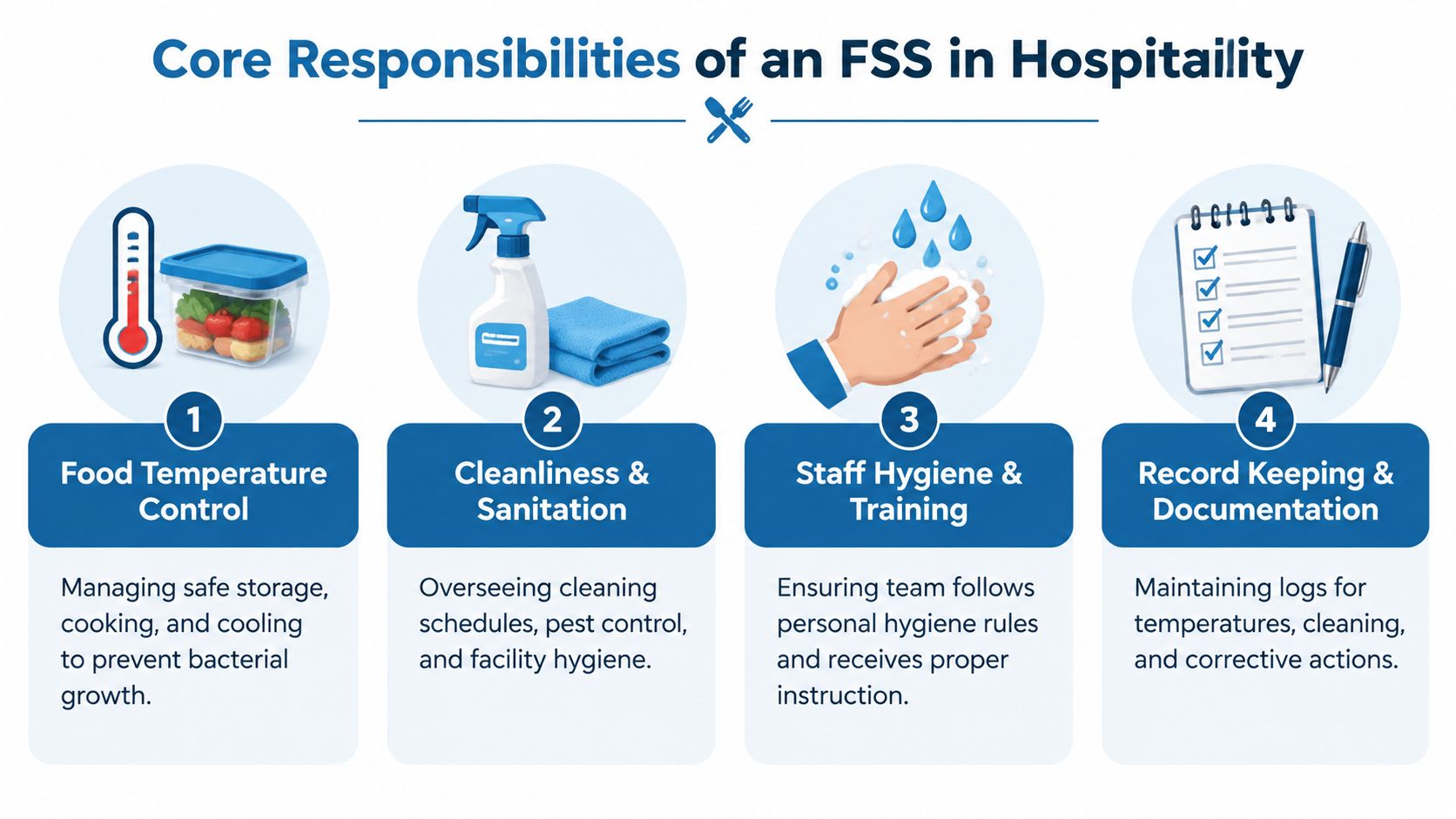 An infographic illustrating four core responsibilities of a Food Safety Supervisor in the hospitality industry.