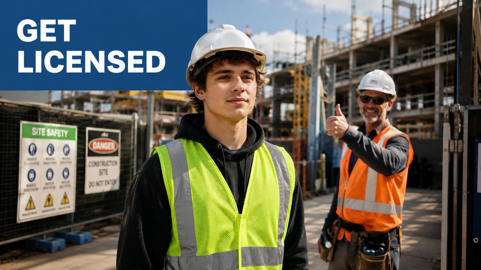 A young construction worker wearing a hard hat and safety vest standing at a building site.