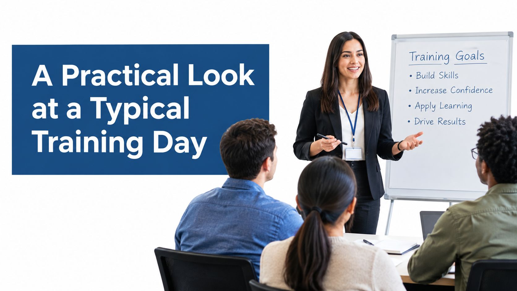 A professional instructor standing by a whiteboard presenting training goals to a small group of attendees.