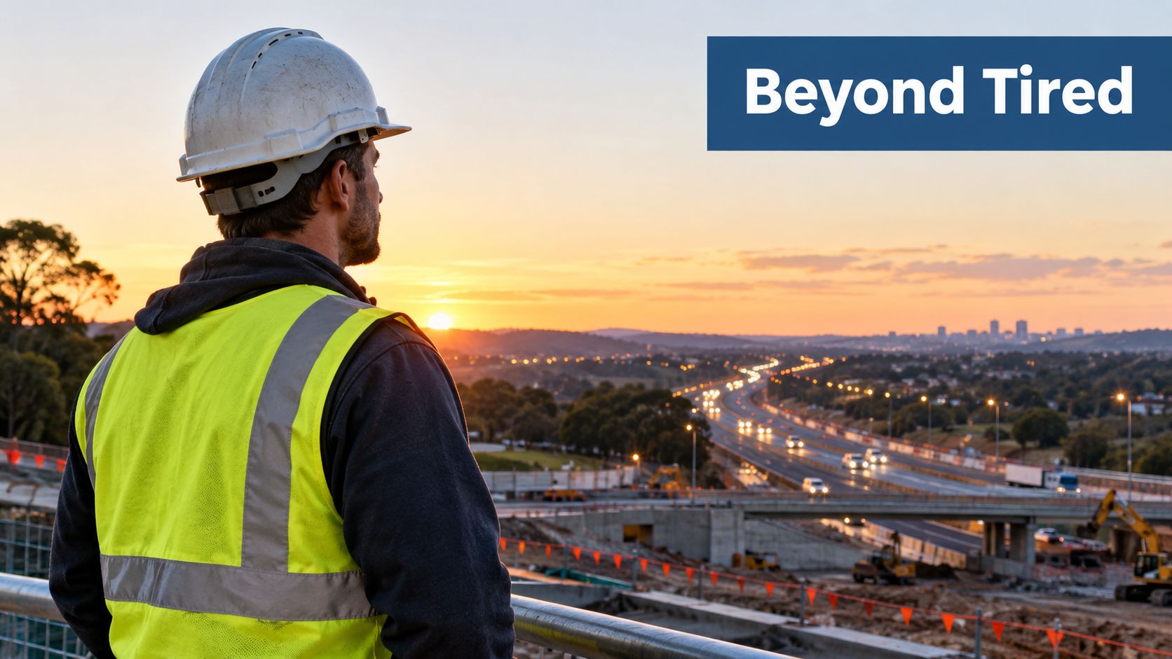 A construction worker in a hard hat looks out over a highway construction project at sunset.