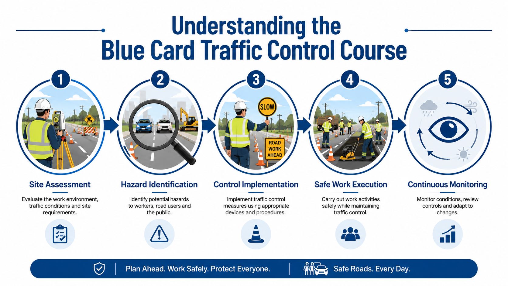 A five-step infographic explaining the Blue Card Traffic Control Course for road work safety and management.