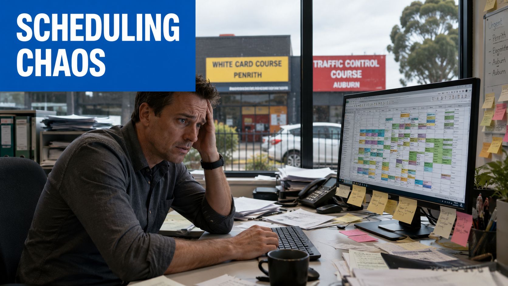 A stressed man looking at a complex spreadsheet on a computer screen in a cluttered office.