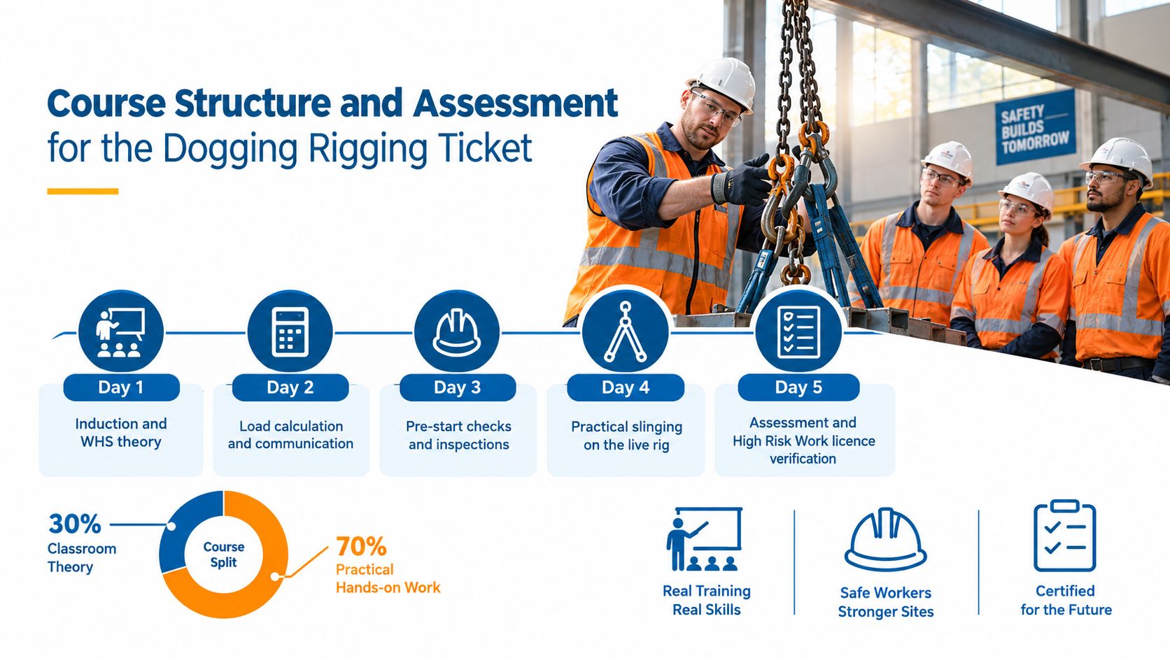 A professional construction training course infographic illustrating the five-day curriculum for earning a dogging rigging ticket.