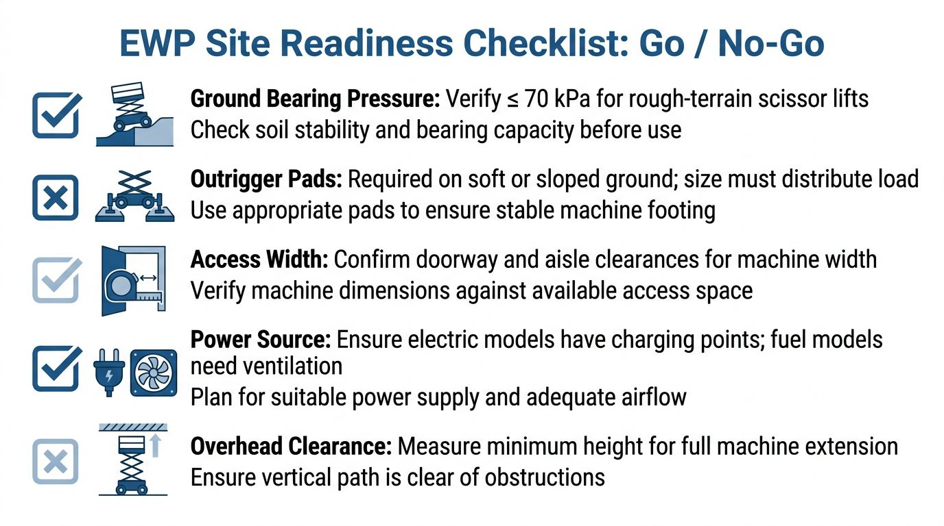 A safety checklist infographic for elevated work platforms, highlighting key site readiness factors like ground pressure and clearance.