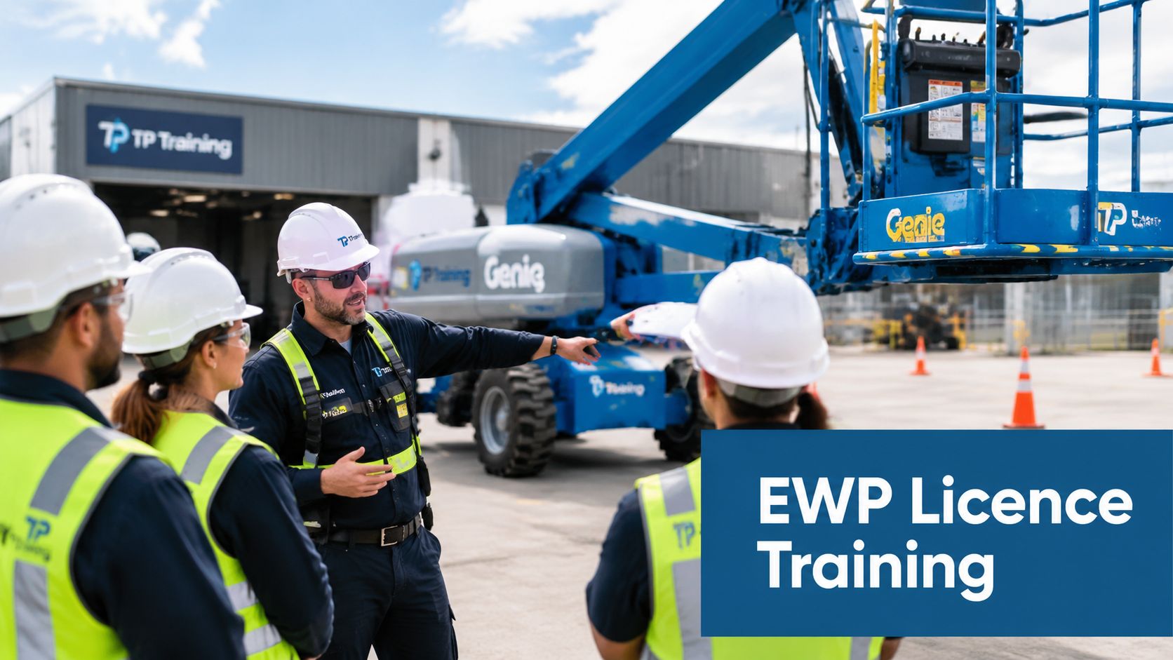 A professional instructor training construction workers on EWP equipment operation and safety at a training facility.