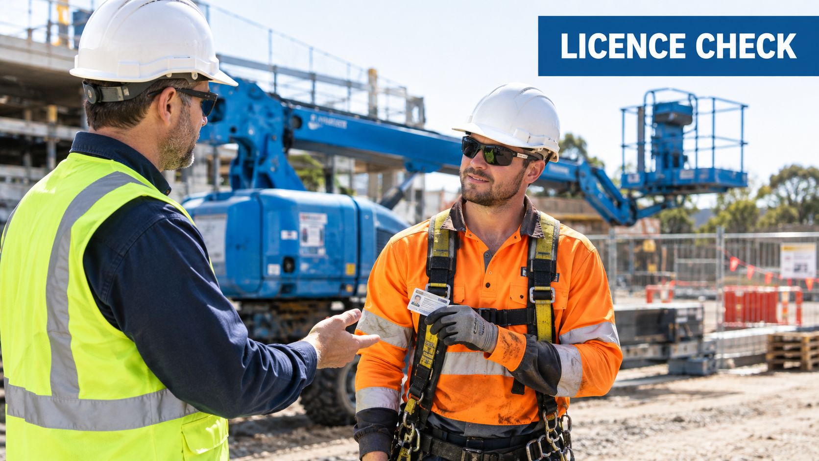 A construction worker in a high-visibility vest checking a colleague's licence on a busy job site.