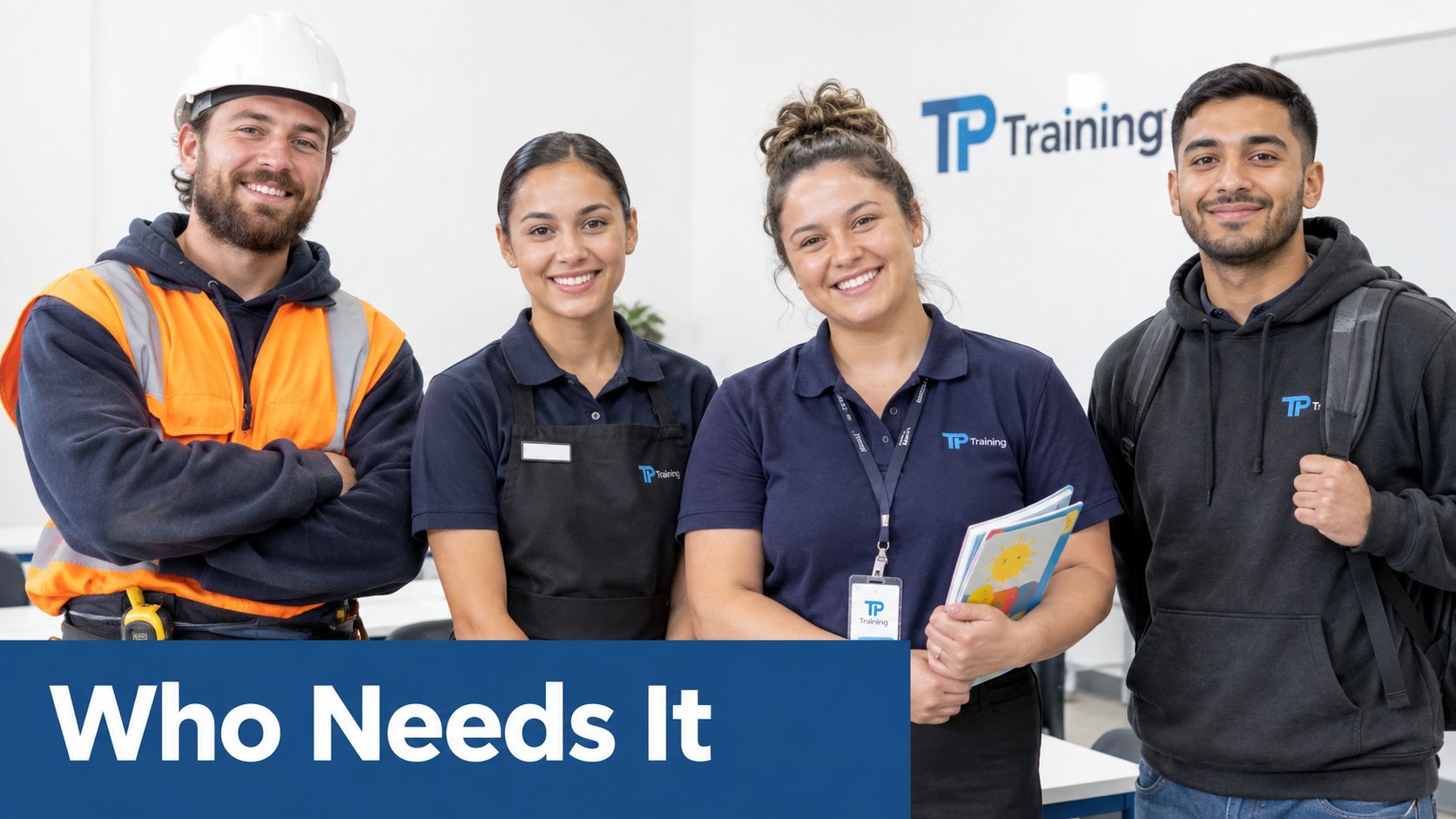 A diverse group of four people including a construction worker, hospitality worker, and student at TP Training.