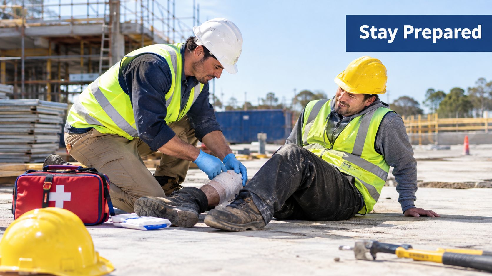 A construction worker provides first aid to an injured colleague by bandaging his leg on a job site.