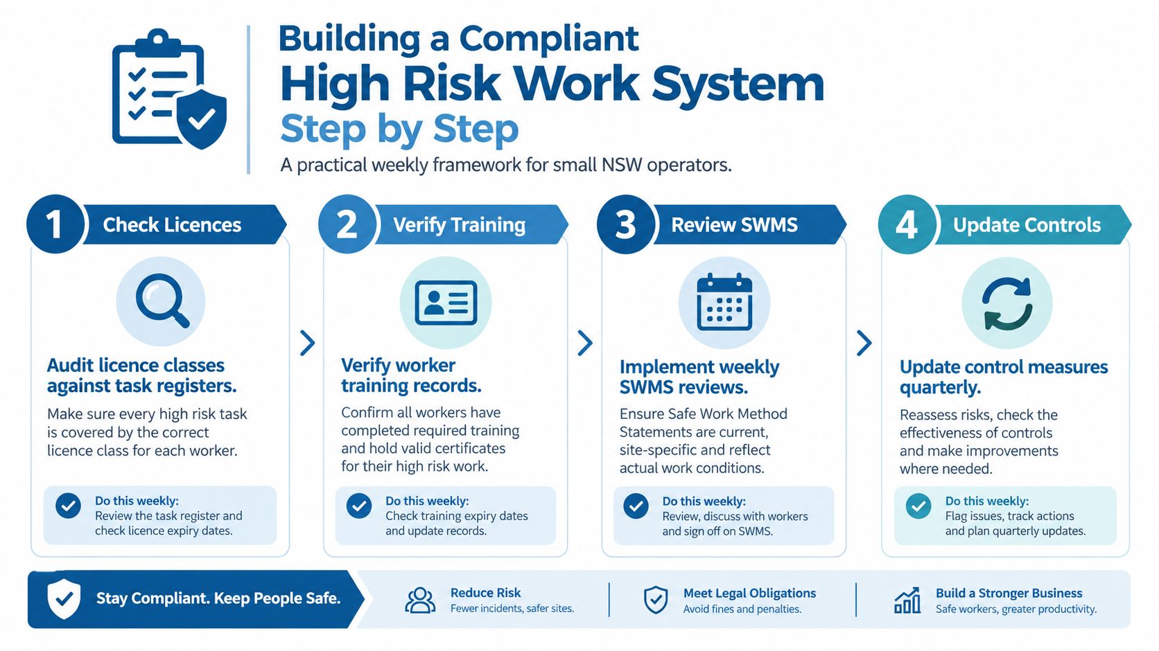 A step-by-step infographic titled Building a Compliant High Risk Work System for small NSW operators.