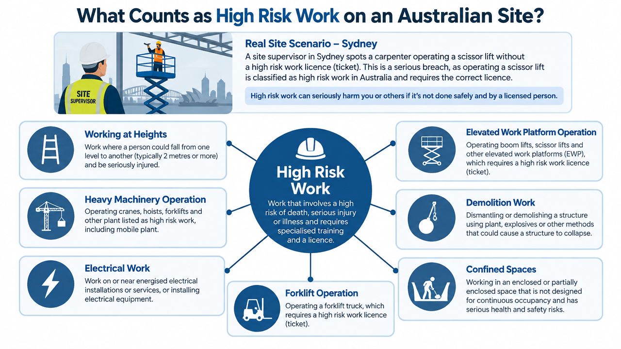 An infographic defining high risk work on Australian construction sites, including categories like machinery, electrical, and heights.