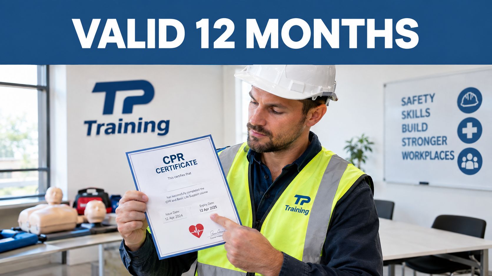 A construction worker in a safety vest holding a CPR certificate with an expiration date.