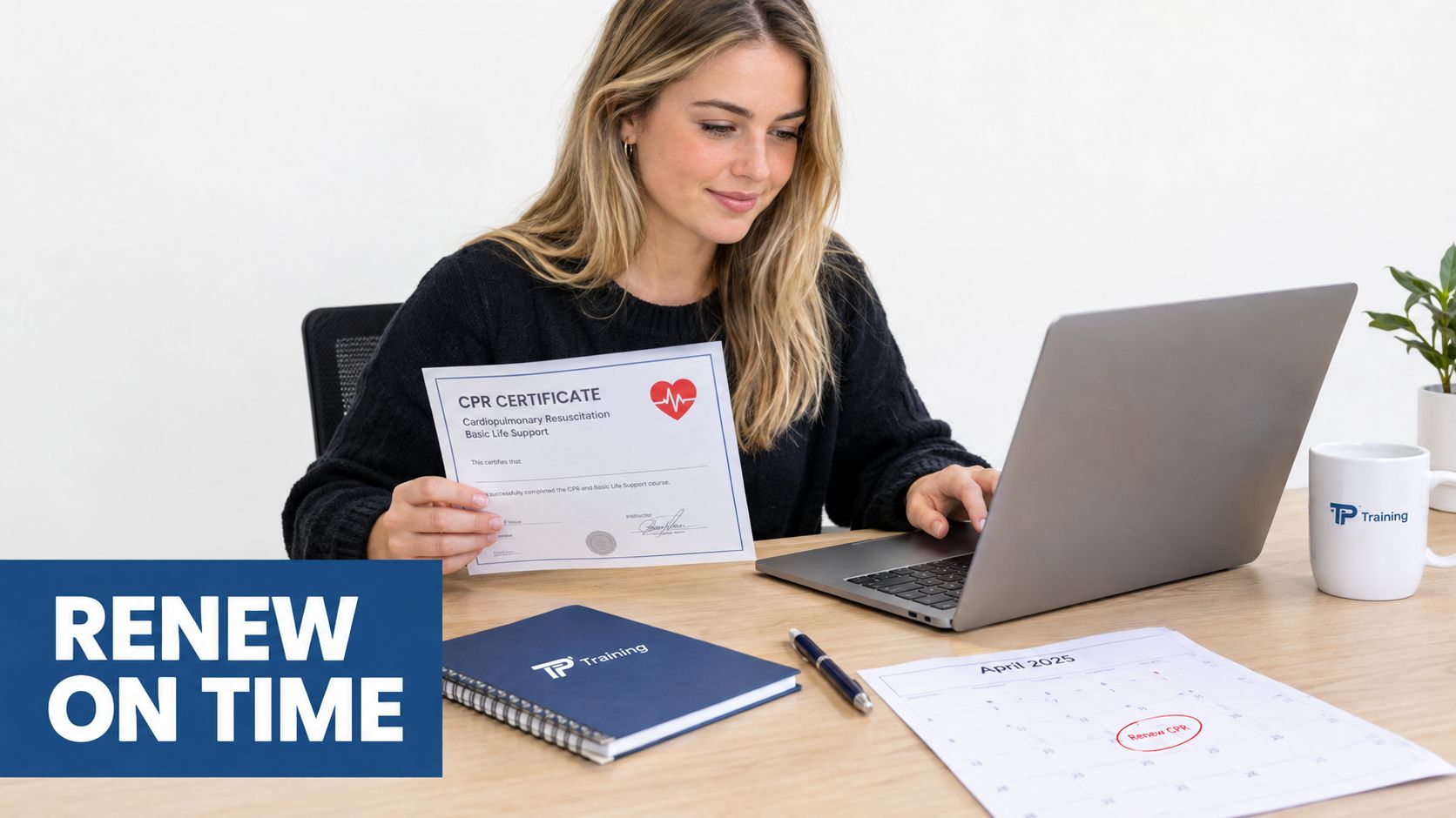 A woman holding a CPR certificate while using a laptop to prepare for her upcoming renewal date.