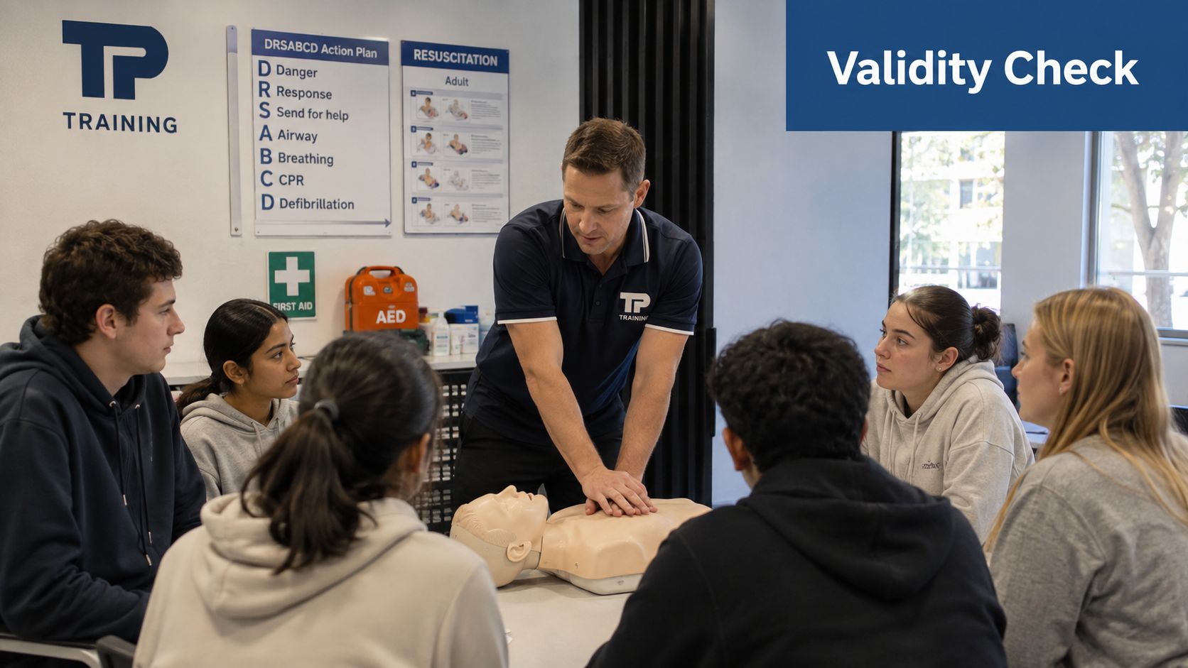 A professional instructor demonstrates proper CPR techniques on a medical mannequin to a group of attentive students.