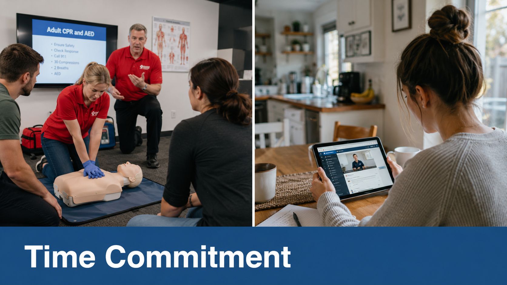 People participating in both in-person CPR certification training and online first aid learning on a tablet.