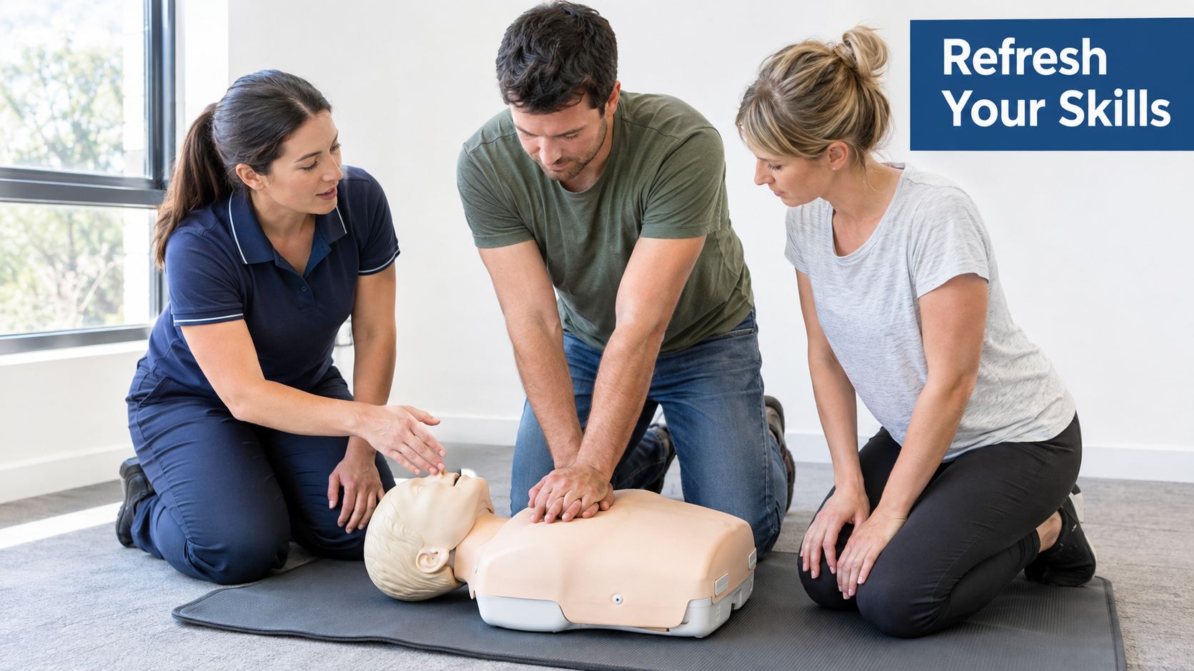 A woman instructing a man performing CPR chest compressions on a training mannequin as another woman watches.