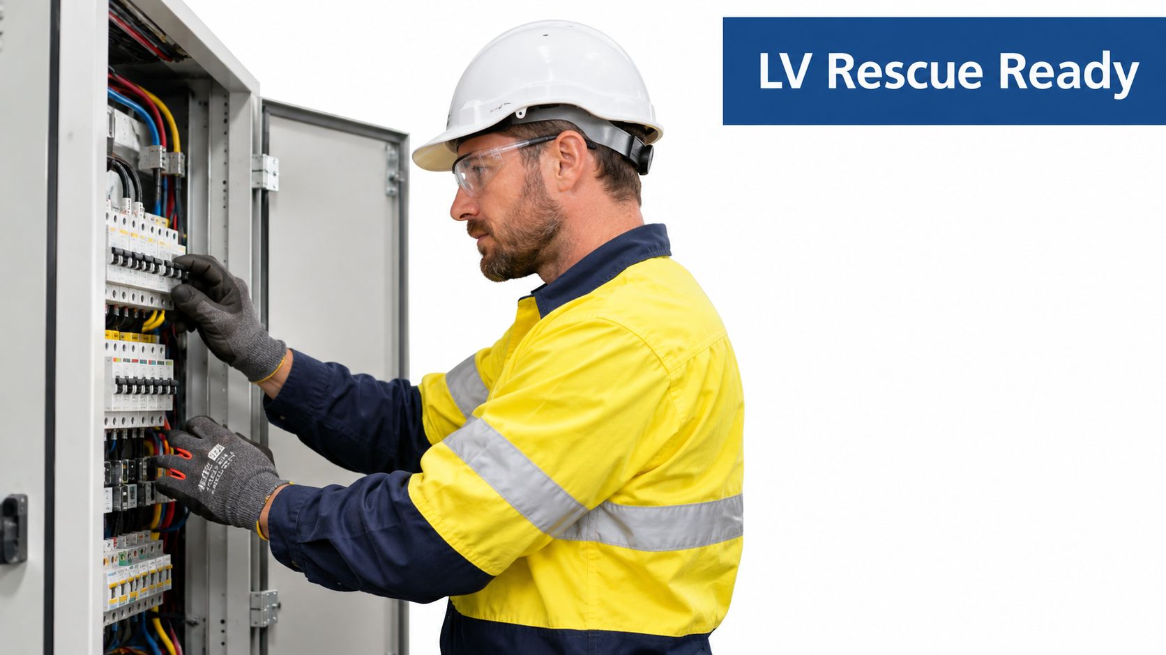 A professional electrician in protective gear working on a low voltage electrical circuit board for safety training.