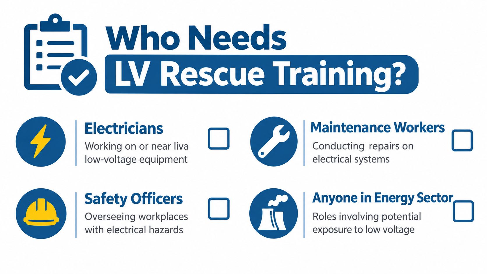 A checklist infographic titled Who Needs LV Rescue Training featuring icons for different job roles requiring training.