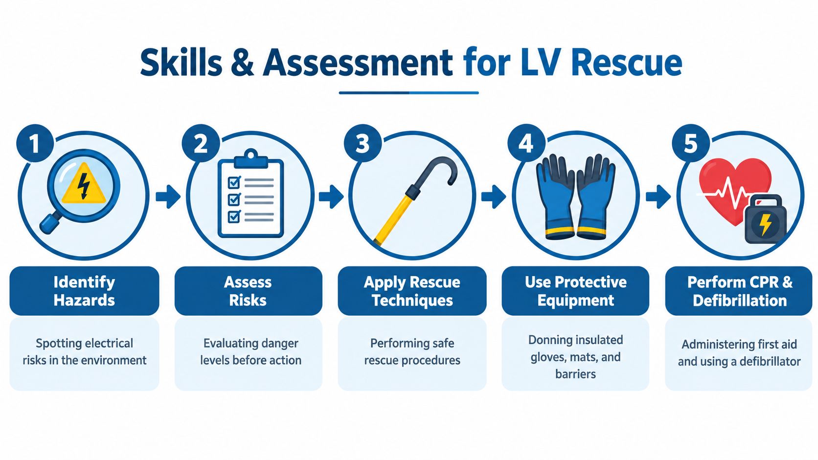 A five step infographic illustrating essential skills and assessment procedures for Low Voltage electrical rescue training.