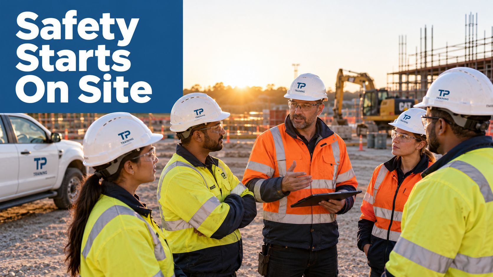 A team of construction workers in safety gear and hard hats having a site briefing meeting