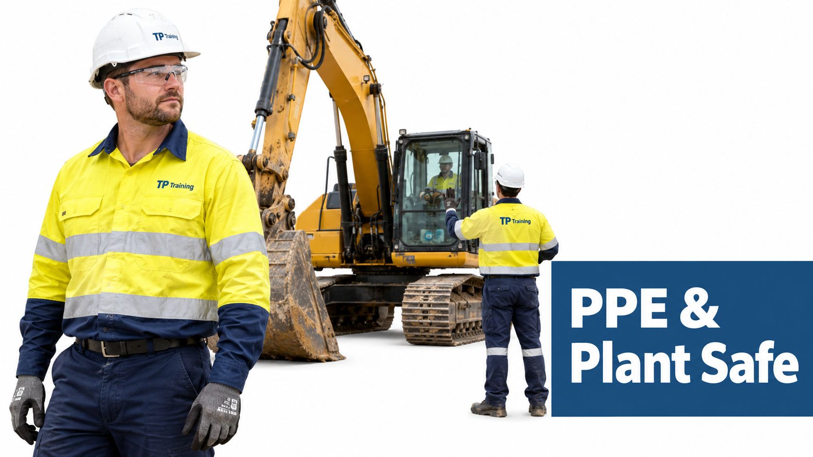 A construction worker in high-visibility safety gear standing in front of an excavator on a job site.
