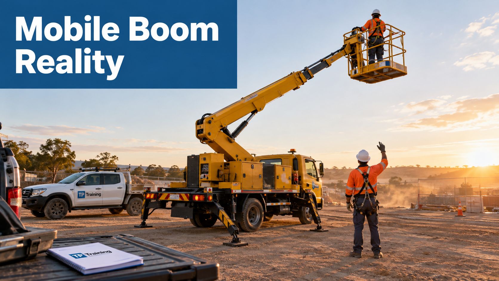 A construction worker directing a colleague in a mobile boom lift truck at a sunny job site.
