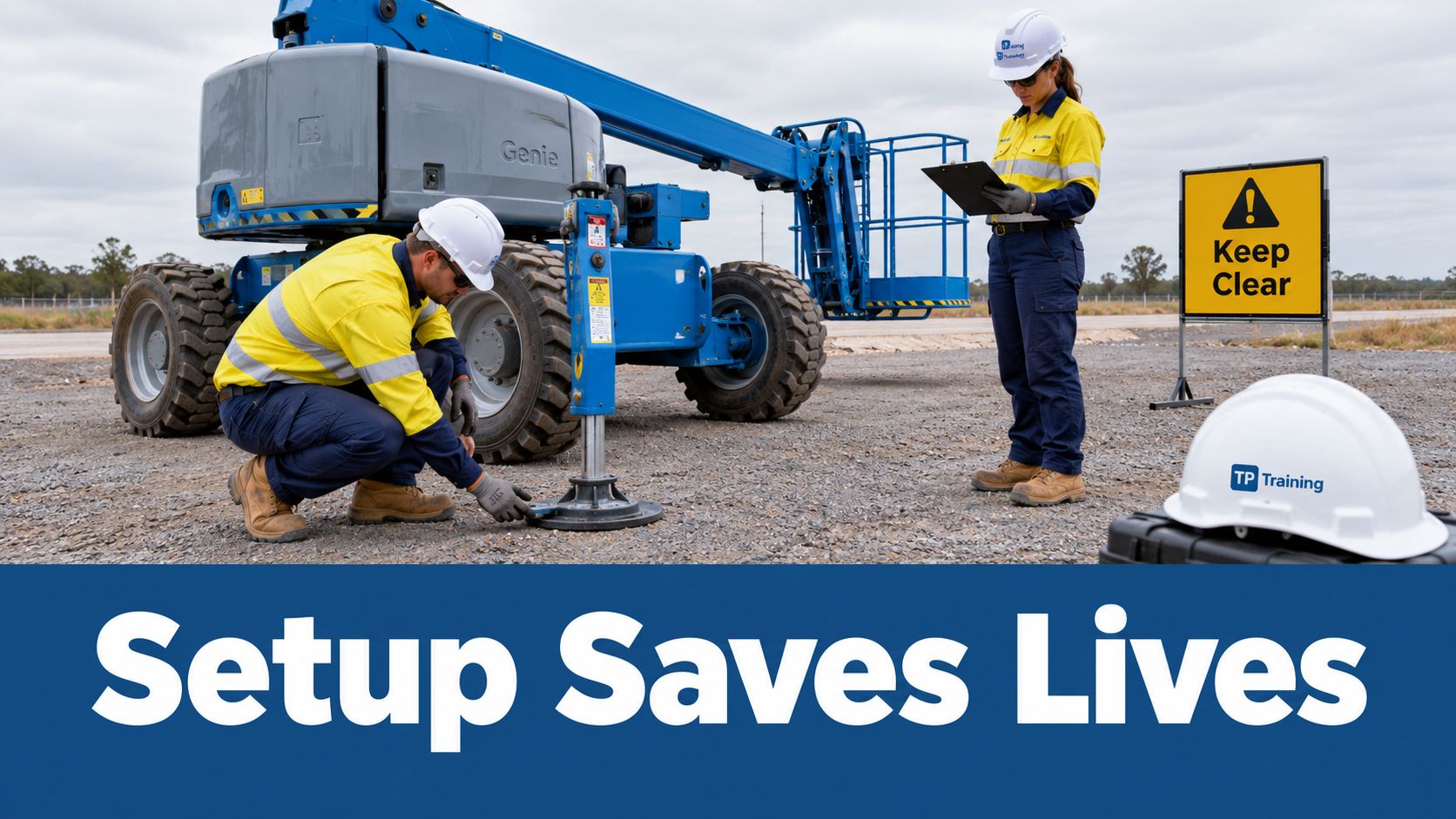 A construction site trainer and worker inspect a Genie lift stabilizer base for safety and stability training.