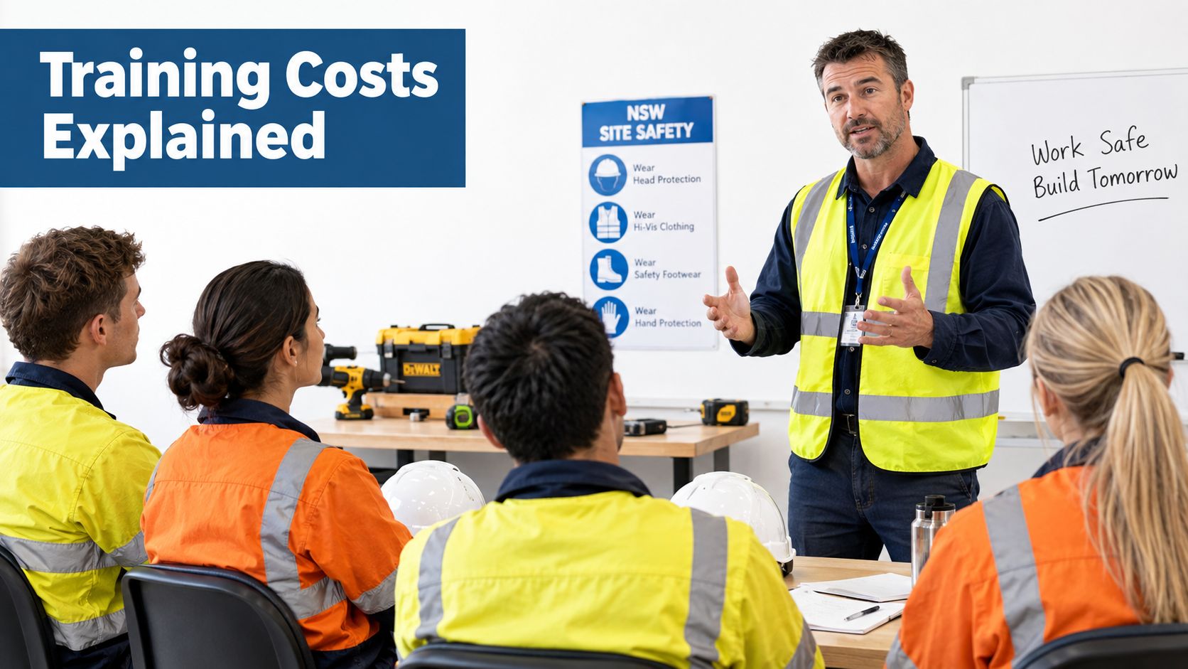 A professional instructor leading a safety training session for a group of construction workers in a classroom.