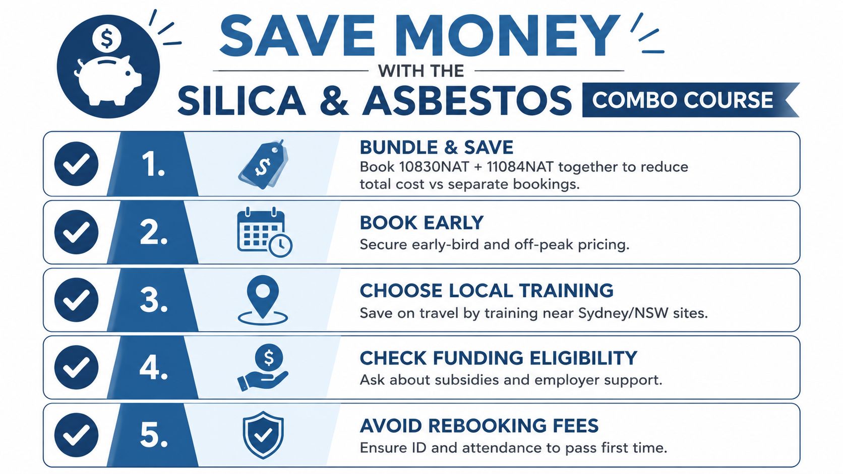 A tips infographic for saving money on the Silica and Asbestos combo training courses in Sydney, Australia.