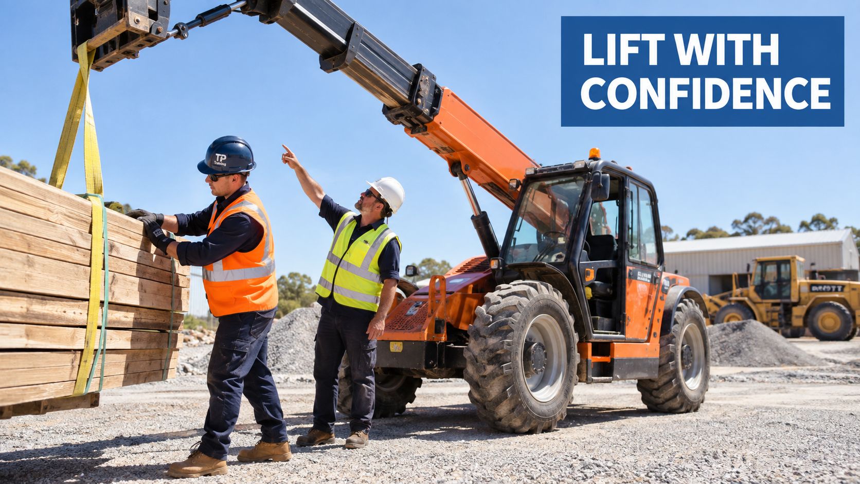 Two construction workers wearing safety gear guiding a large load being lifted by a telescopic materials handler.
