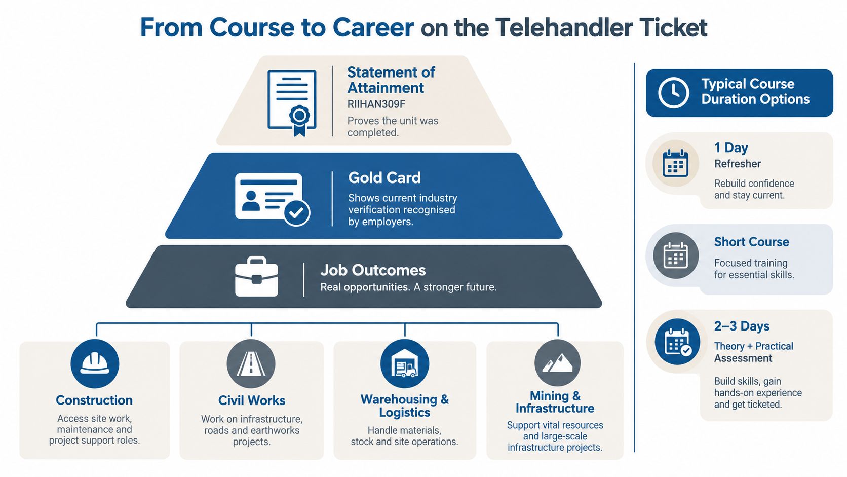 A diagram outlining the progression from Telehandler training and certification to various industry job career opportunities.