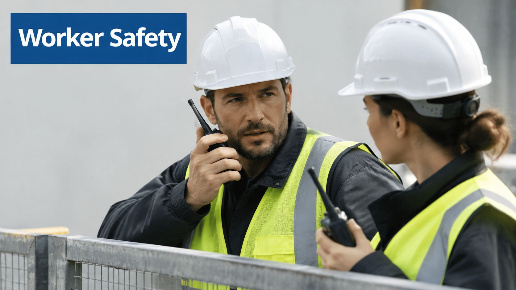 Two construction workers in high visibility vests and hard hats communicate using walkie-talkies at a worksite.