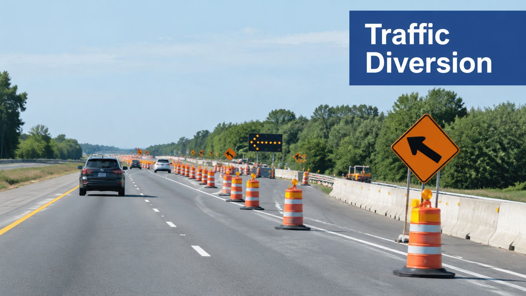 A highway construction zone featuring orange traffic barrels and diversion signs directing cars to move left.