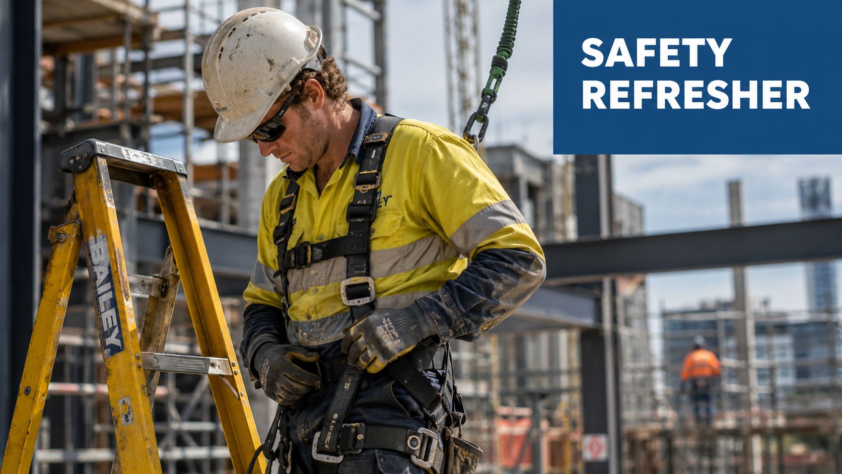 A construction worker wearing a safety harness and hard hat standing on a site with steel structures.