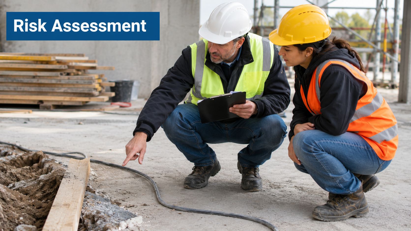 A construction manager and an engineer wearing safety gear inspecting a work site with a checklist.