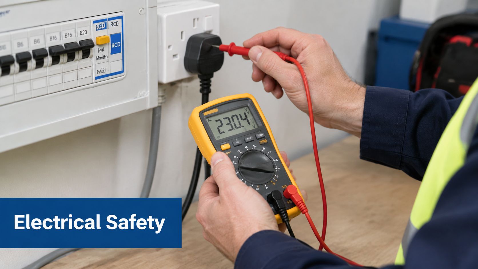 A professional electrician uses a digital multimeter to measure voltage from a wall outlet in a workshop.