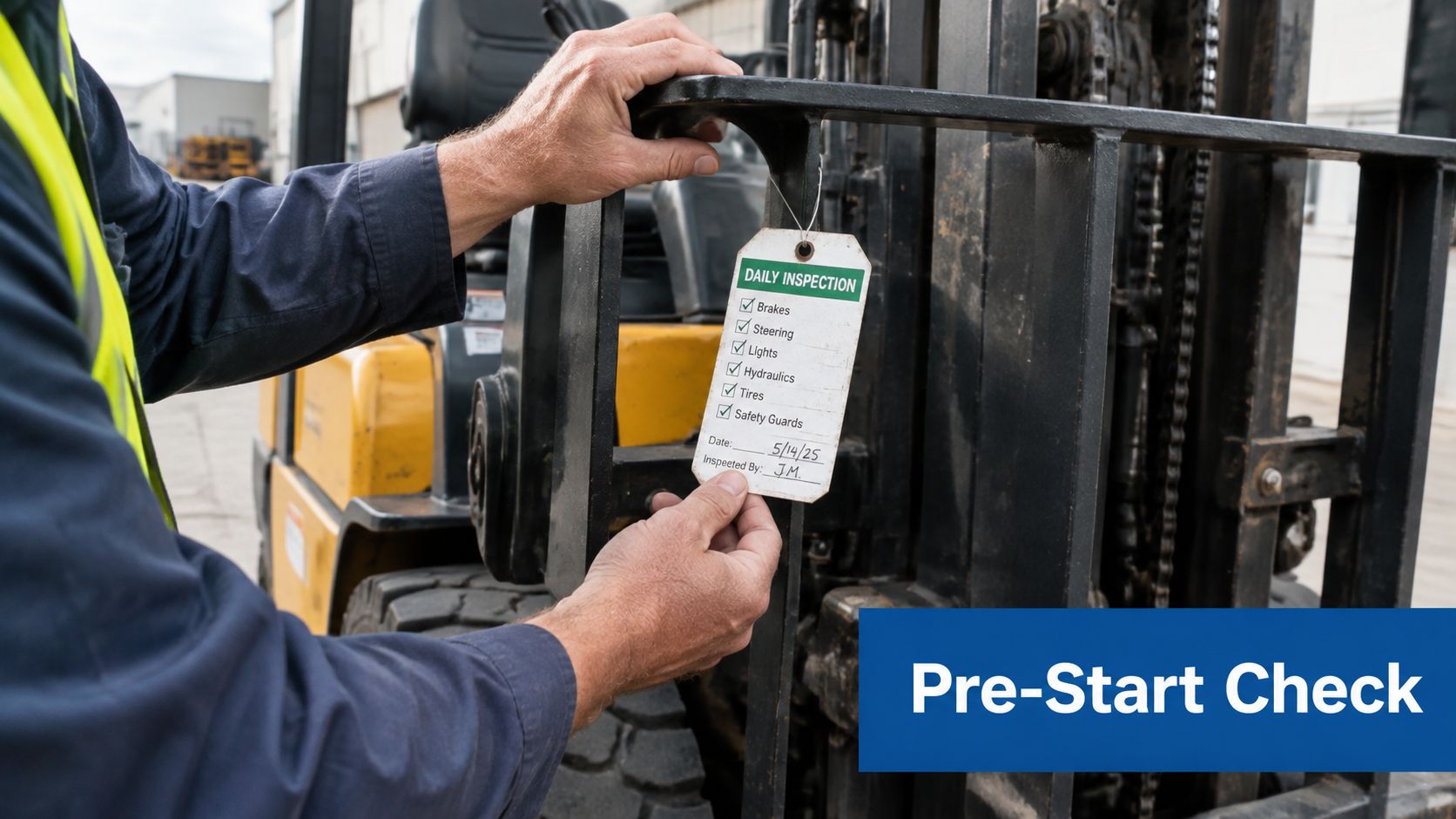 A worker in a safety vest holding a daily forklift inspection checklist tag on the machine.