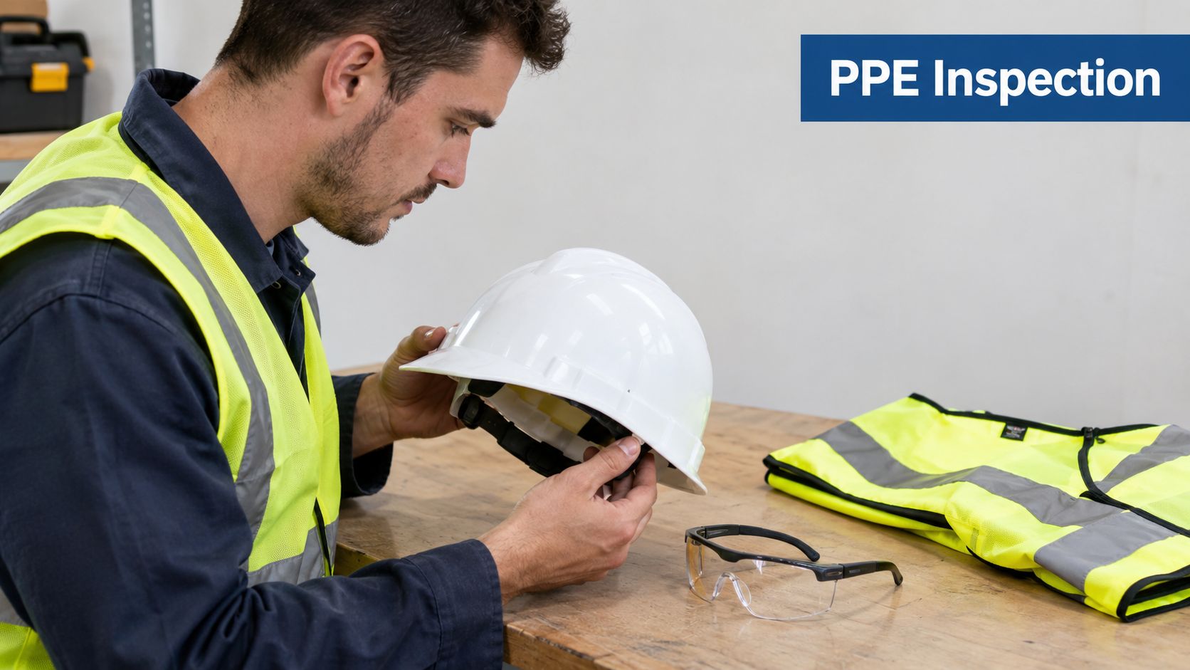 A construction worker inspecting a white safety hard hat for damage before starting his work shift.